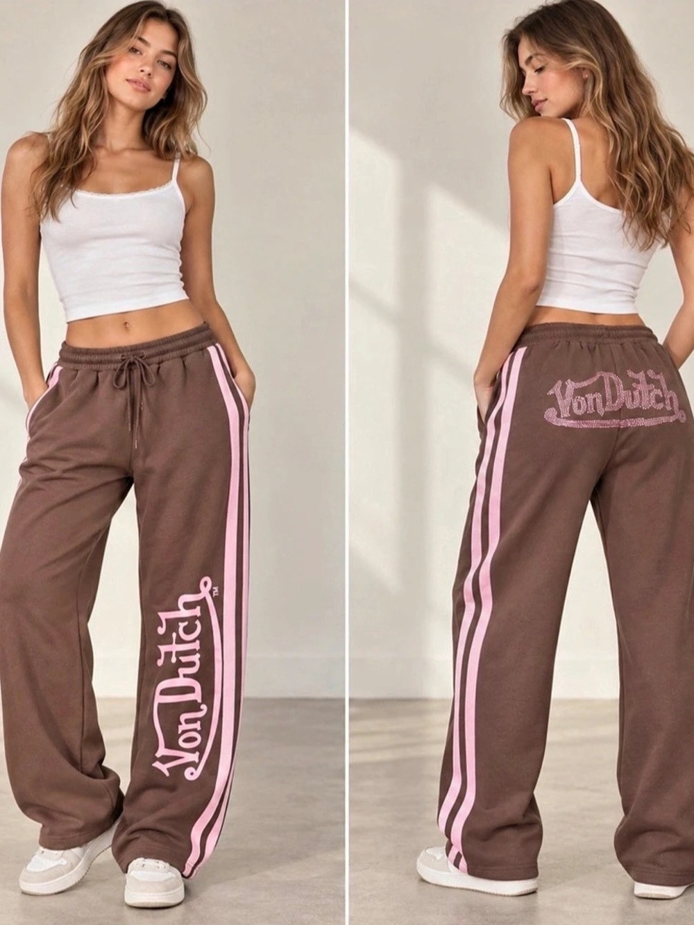 Von Dutch Brown & Pink with bling sweatpants and zip up sweater Set both size XL